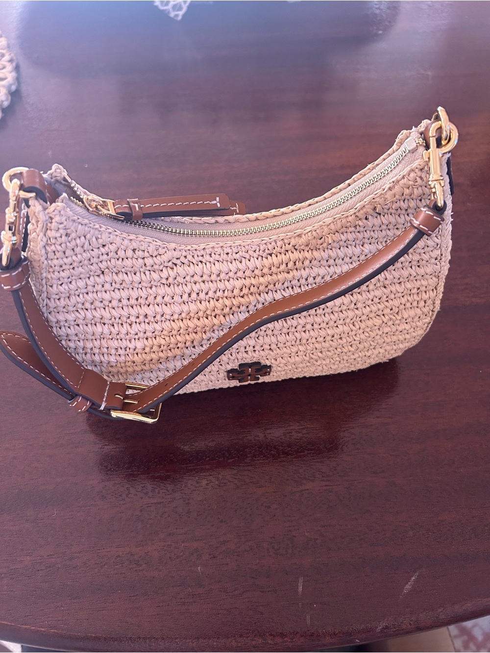 Tory Burch Cream Woven Straw Hobo with Brown Leather Trim - Picture 9 of 11